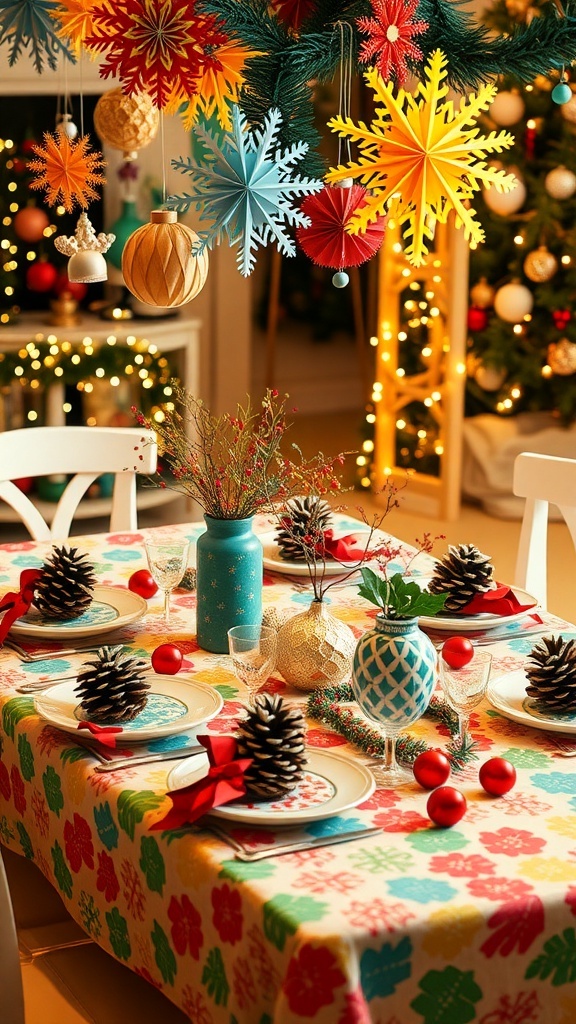 Christmas Table Decorations for Early Years Foundation Stage (EYFS) A festive Christmas table decorated with colorful crafts, including paper snowflakes and painted pinecones.